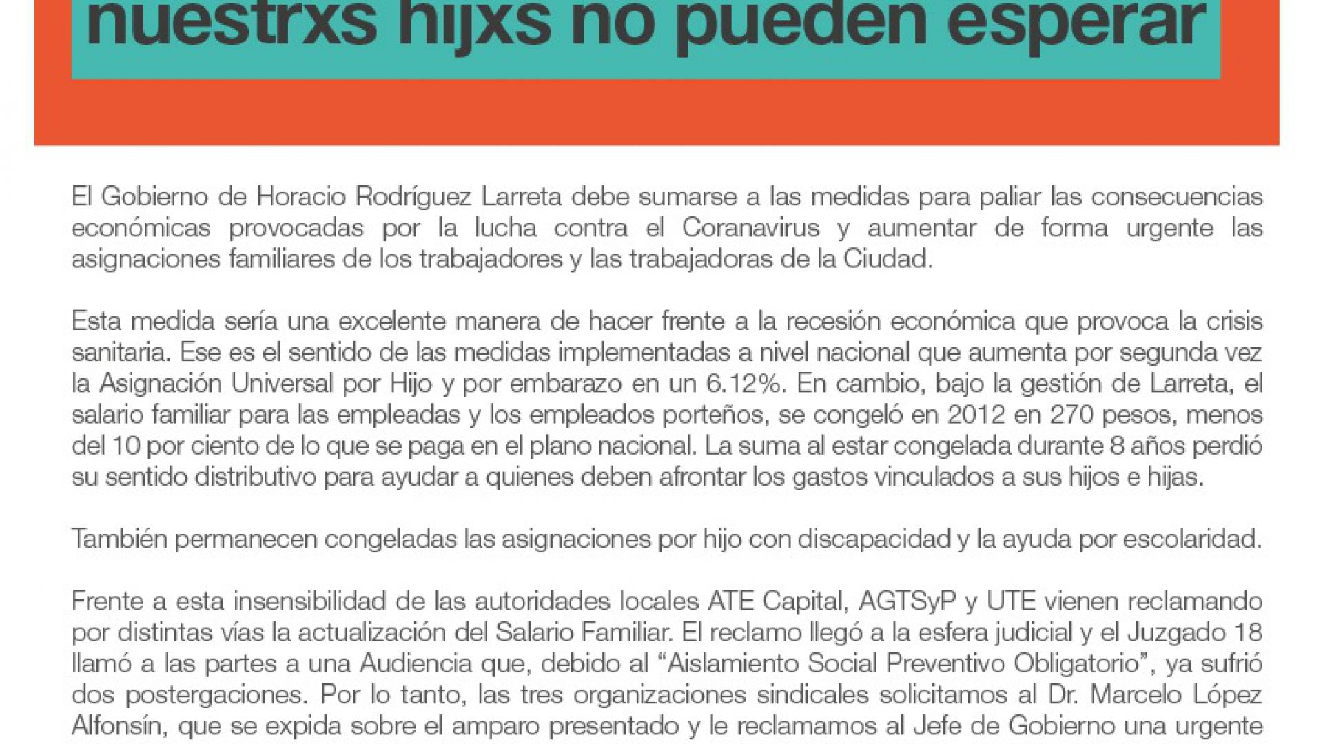 Pandemia con asignaciones familiares congeladas en CABA: nuestrxs hijxs no pueden esperar